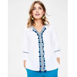 Boden Alison Jersey Top White Blue Embroidered Tassels Large Boho Resort Peasant